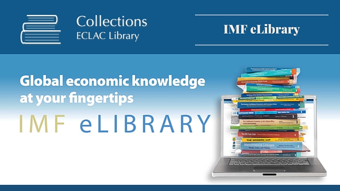 Logo IMF eLibrary, publications stacked on a laptop