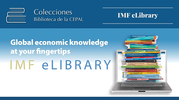Logo biblioteca electrónica del FMI, publicaciones apiladas sobre una laptop