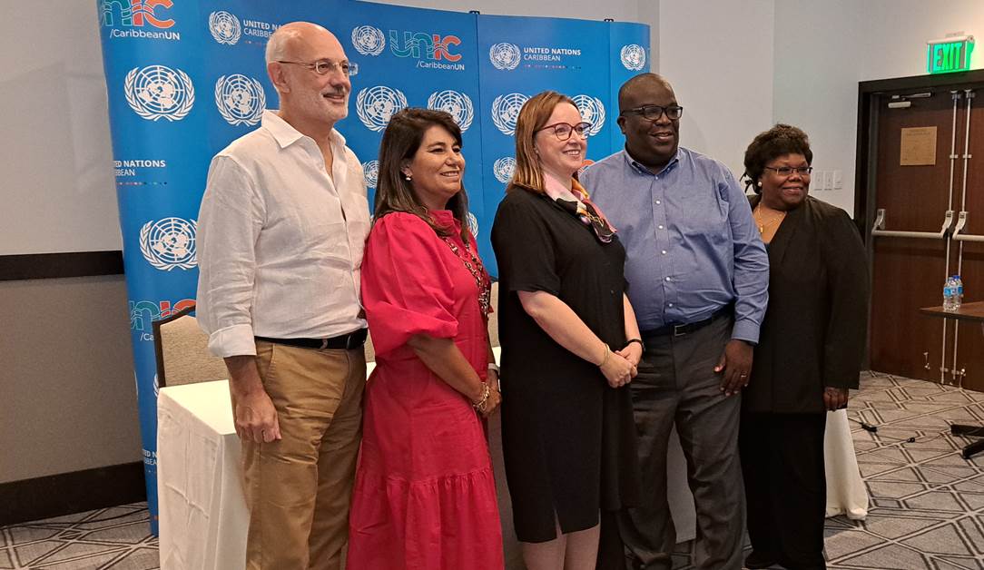 From left: Janos Tisovsky - Deputy Director, Campaigns and Country Operations Division (CCOD), Department of Global Communications; Liliana Garavito - Director UN Information Centre for the Caribbean Area; Joanna Kazana - Resident Coordinator for Trinidad and Tobago and Dennis Zulu - Resident Coordinator for Jamaica and Diane Quarless - Director, Sub-Regional Headquarters for the Caribbean, Economic Commission for Latin America and the Caribbean. 