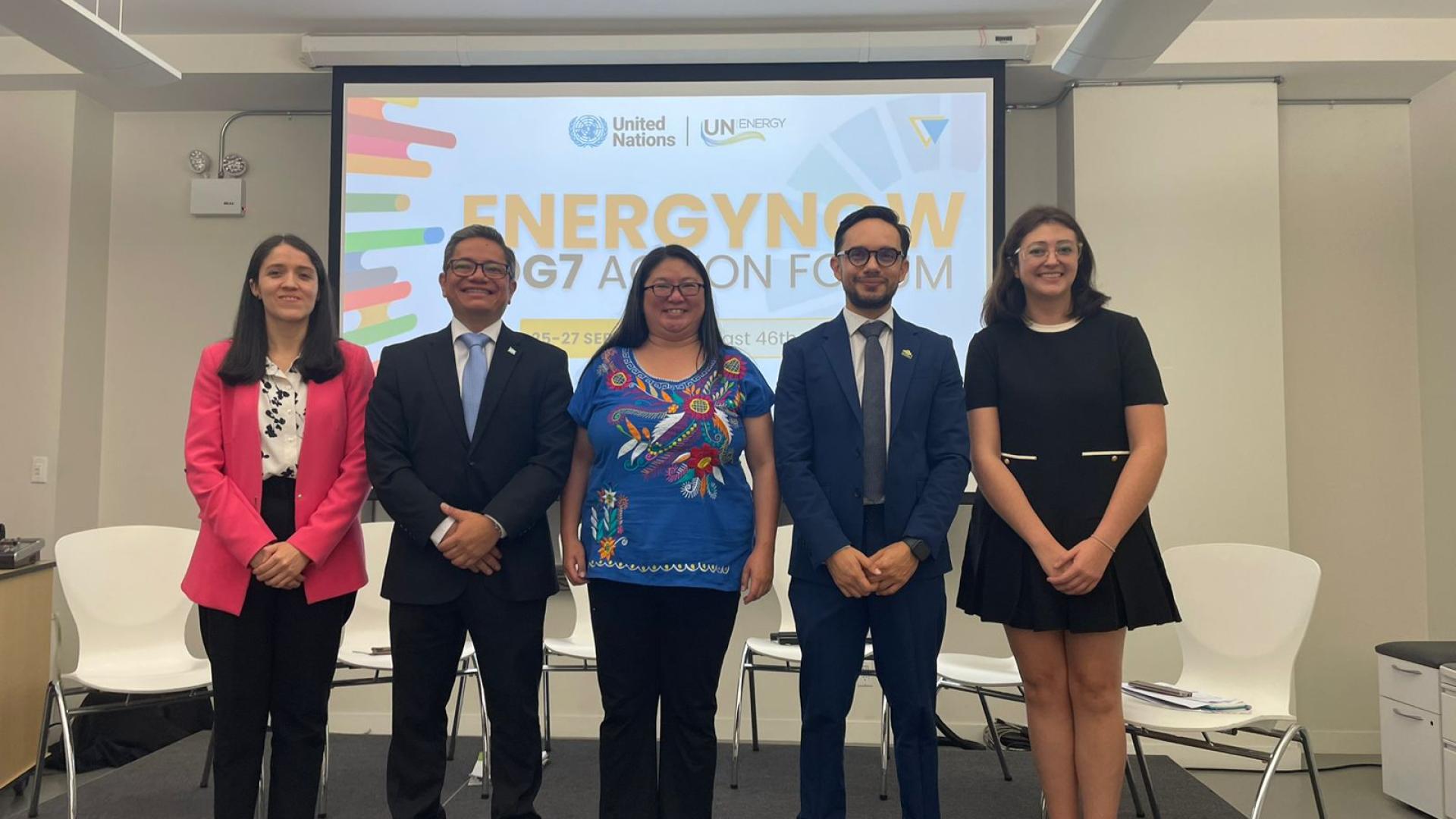 Participants in the panel "Supporting the Advancement of SDG7 in Central America and the Dominican Republic": Tatiana Orellana, SICA; Tomás Rodríguez, Honduras; Débora Ley, ECLAC; Carlos Romero, Costa Rica, and Carmen Padilla, SICA.