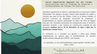 Taller de comunicación regional Sur del Tolima. Conversaciones para el Programa de formación y fortalecimiento de Tejidos Territoriales.