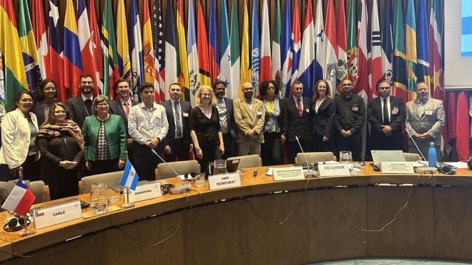 Foto de los participantes de la consulta regiona en la sala Celso Furtado. Atras las banderas de los miembros de la CEPAL.