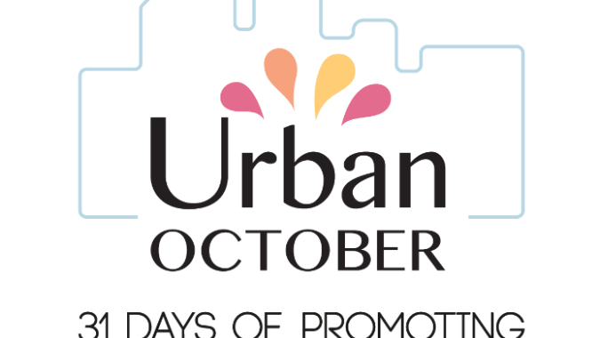 Logo del OU con línea que dibuja una ciudad de fondo 