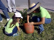 Imagen de mujer y niña plantando árboles