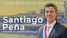 banner que anuncia conferencia magistral del Presidente Santiago Peña